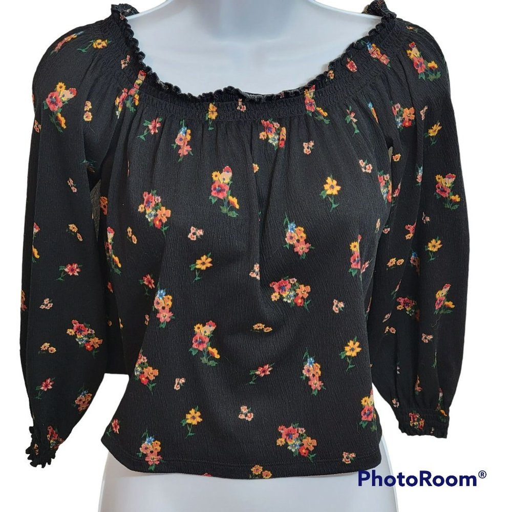 H&M Divided Women's Medium Short Blouse - Black with bright floral pattern EUC